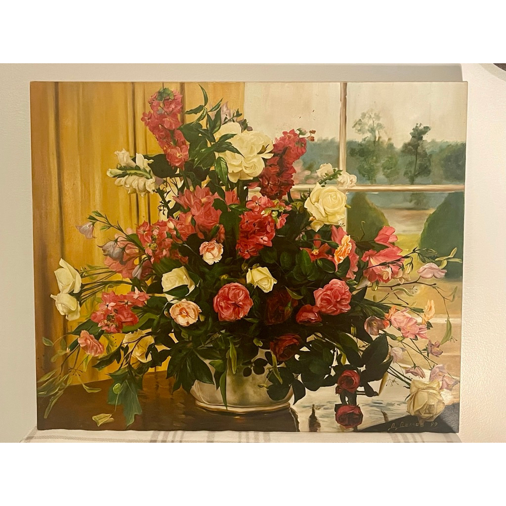 Original 1999 D. Delchev 24x20 Oil Painting Floral Still Life Sofia Bulgaria